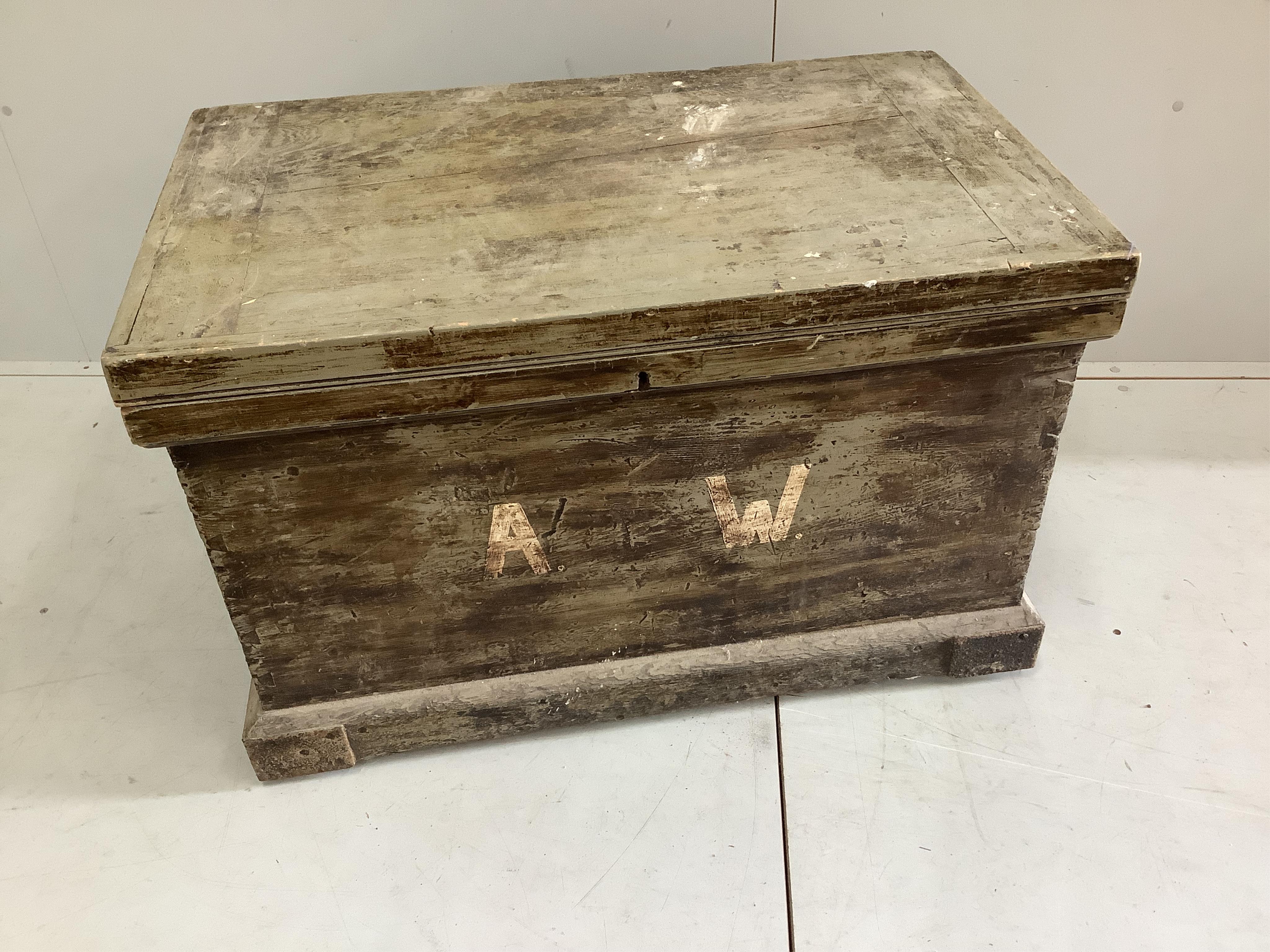 A Victorian painted carpenter's chest with fitted mahogany interior, width 99cm, depth 57cm, height 60cm. Condition - fair